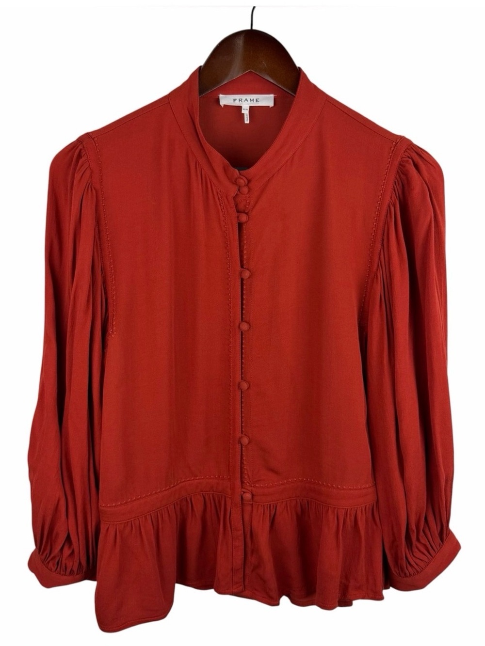 FRAME | Turkish Red Button-Front Peplum Blouse